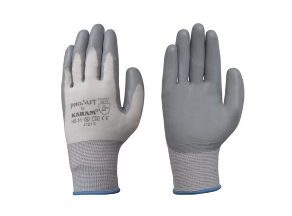 Karam ProKut Multi Purpose White Polyester with Grey Nitrile Coating Glove, HS31