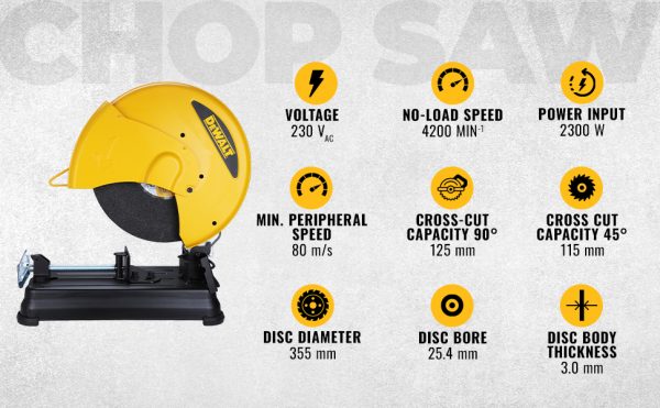 DEWALT D28730 14-inch (355 mm),2300W,3800 Rpm Heavy Duty Chop Saw With Wheel Included For Cutting Metal, Robust Lightweight Aluminium Arm